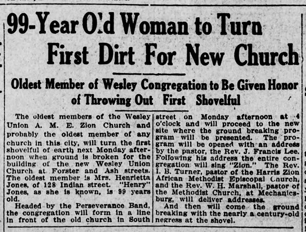 News article about Henrietta Jones being asked to participate in Wesley Church groundbreaking, 1914.